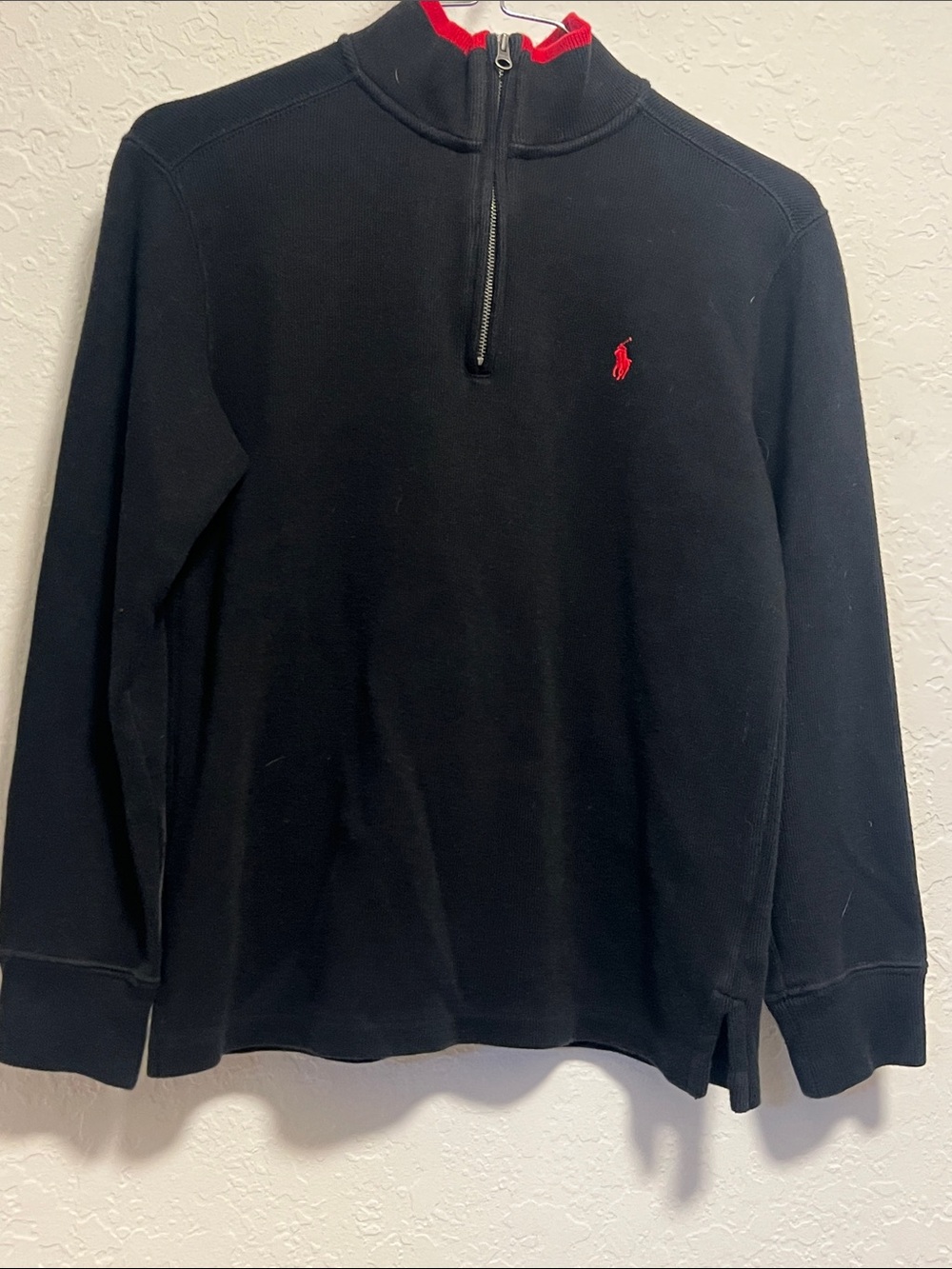 Ralph Lauren Boys Black Quarter Zip Sweater Cotton Red Pony M 10-12